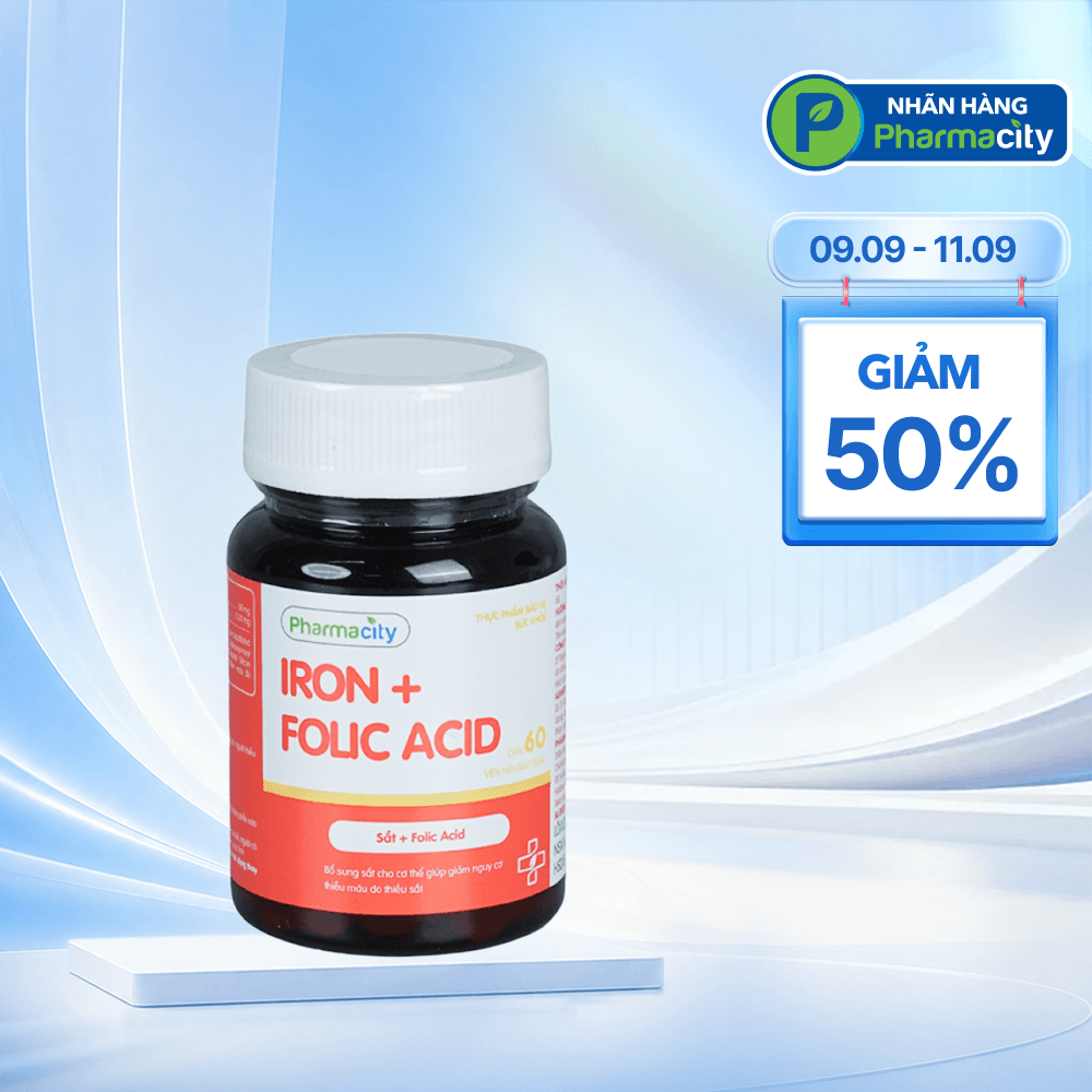 Pharmacity IRON + Folic Acid Pharmacity 60 viên hỗ trợ thiếu máu, bổ sung sắt
