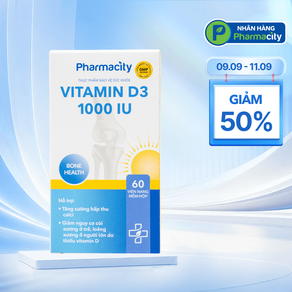 Viên uống Pharmacity Vitamin D3 1000 IU hỗ trợ tăng cường hấp thu Calci (60 viên nang mềm)