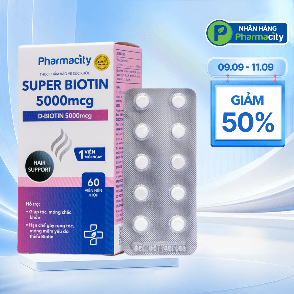 Viên uống Pharmacity Super Biotin 5000mcg hỗ trợ hạn chế gãy rụng tóc, móng mềm (60 viên nén)