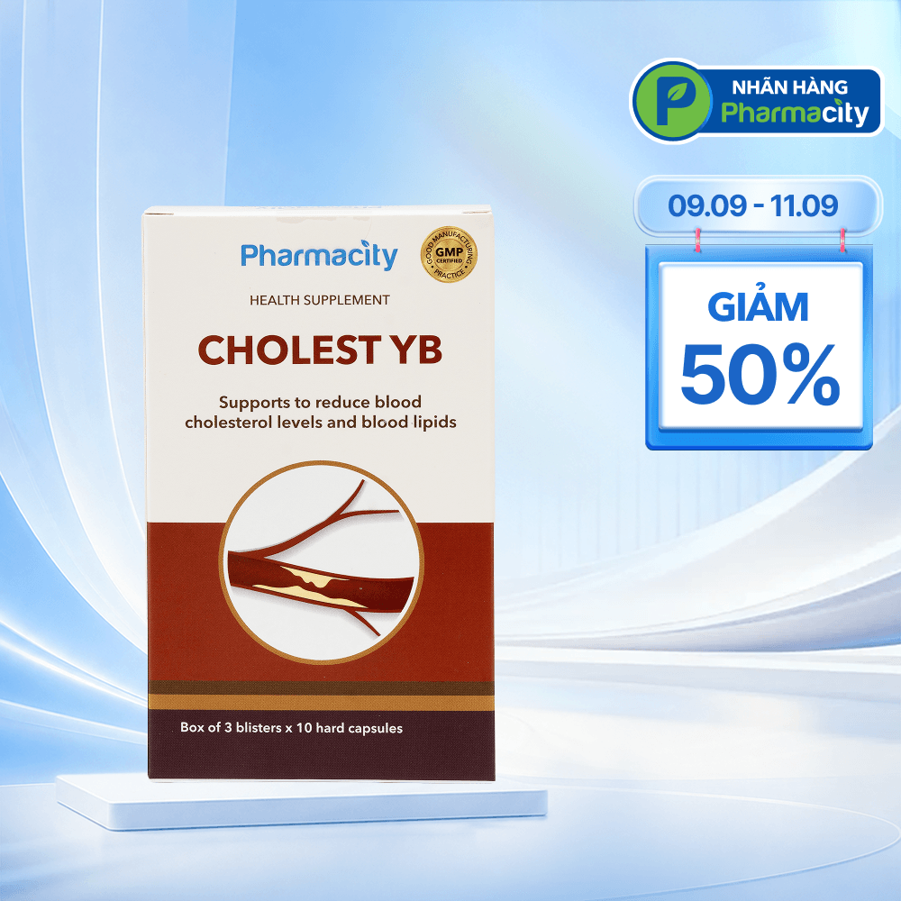 Viên uống Pharmacity Cholest YB hỗ trợ giảm cholesterol máu, giảm mỡ máu (Hộp 30 viên nang cứng)