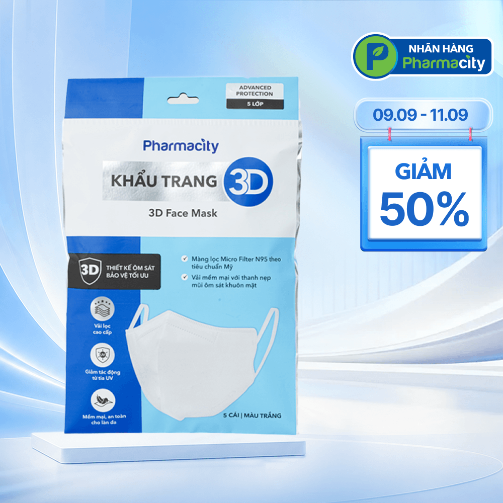 Khẩu trang 3D Pharmacity 5 lớp màu trắng ngăn ngừa bụi bặm (5 cái/gói)
