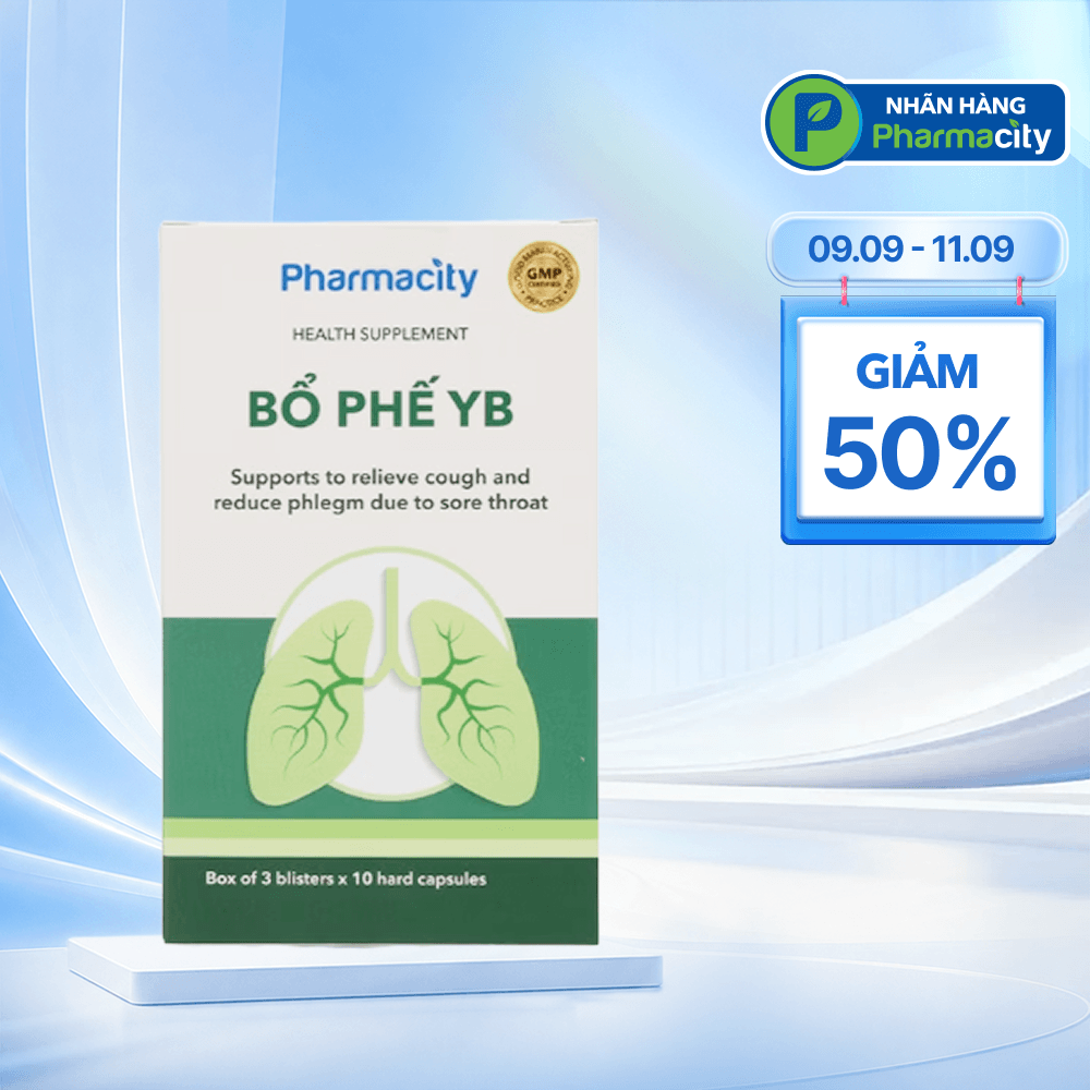 Viên uống Pharmacity Bổ Phế YB hỗ trợ giảm ho, giảm đờm do viêm họng (Hộp 30 viên nang cứng)