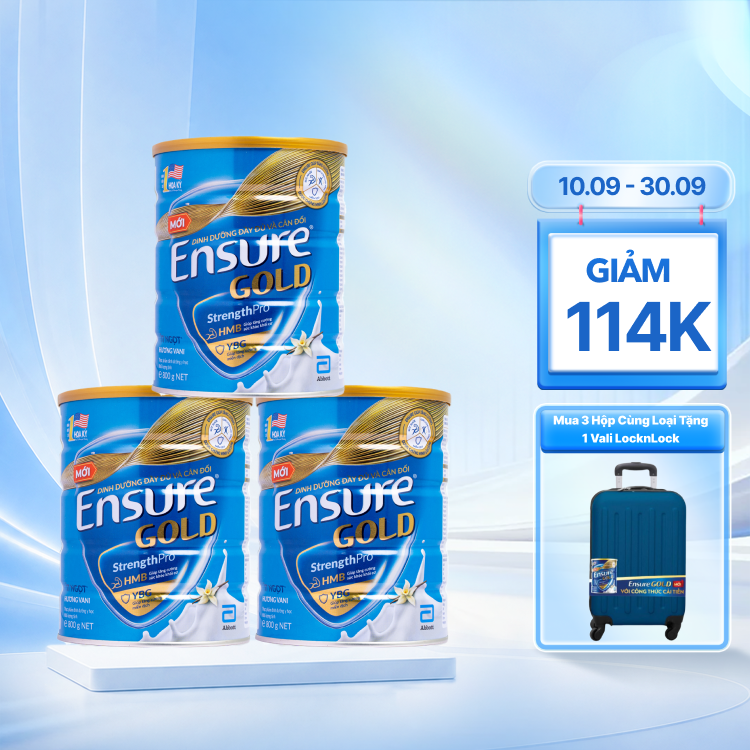 Combo 3 lon Sữa bột dinh dưỡng ENSURE GOLD tăng cường sức khỏe và hệ miễn dịch hương vani ít ngọt (800g)