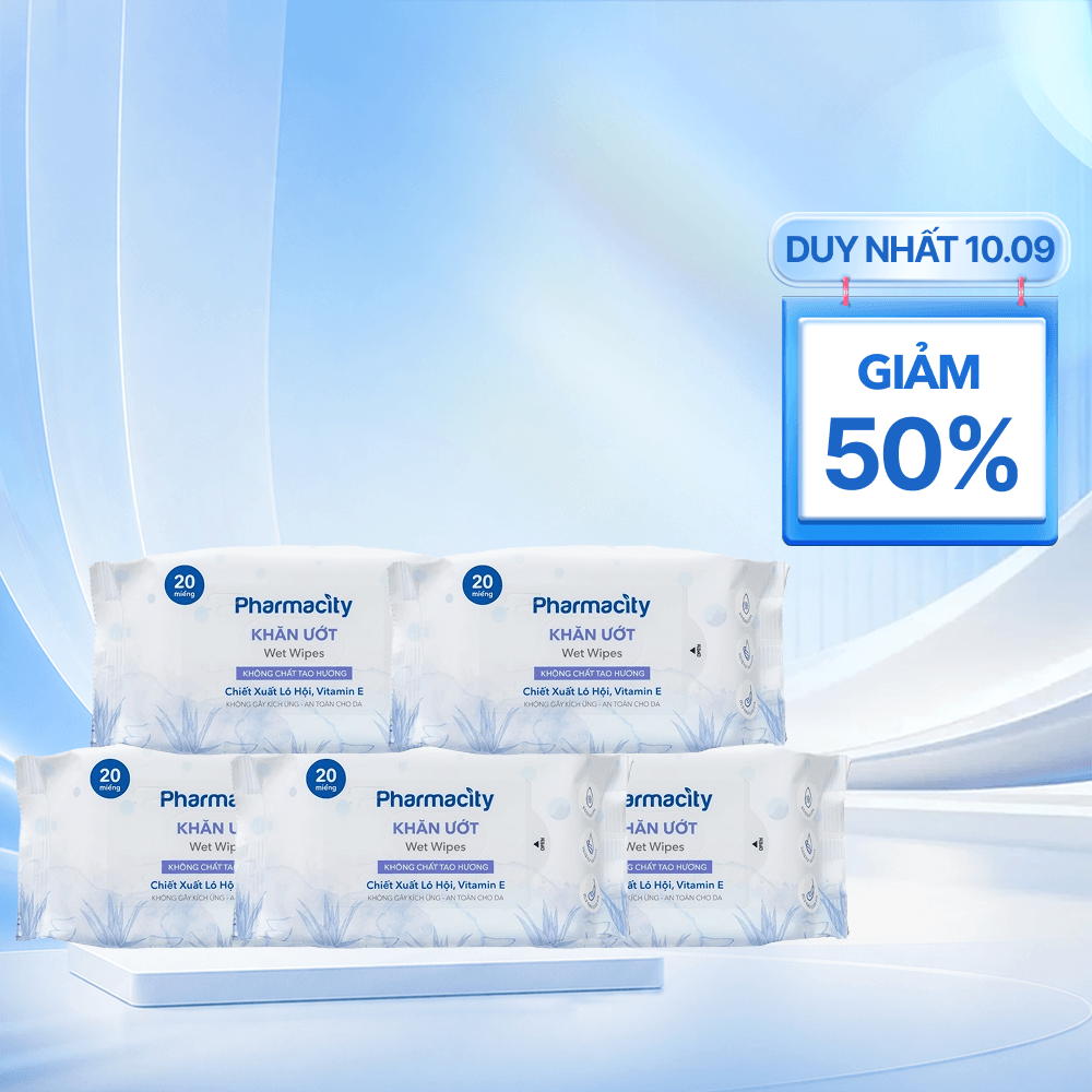 Khăn ướt Pharmacity (20 miếng) giúp làm sạch dịu nhẹ và dưỡng ẩm da
