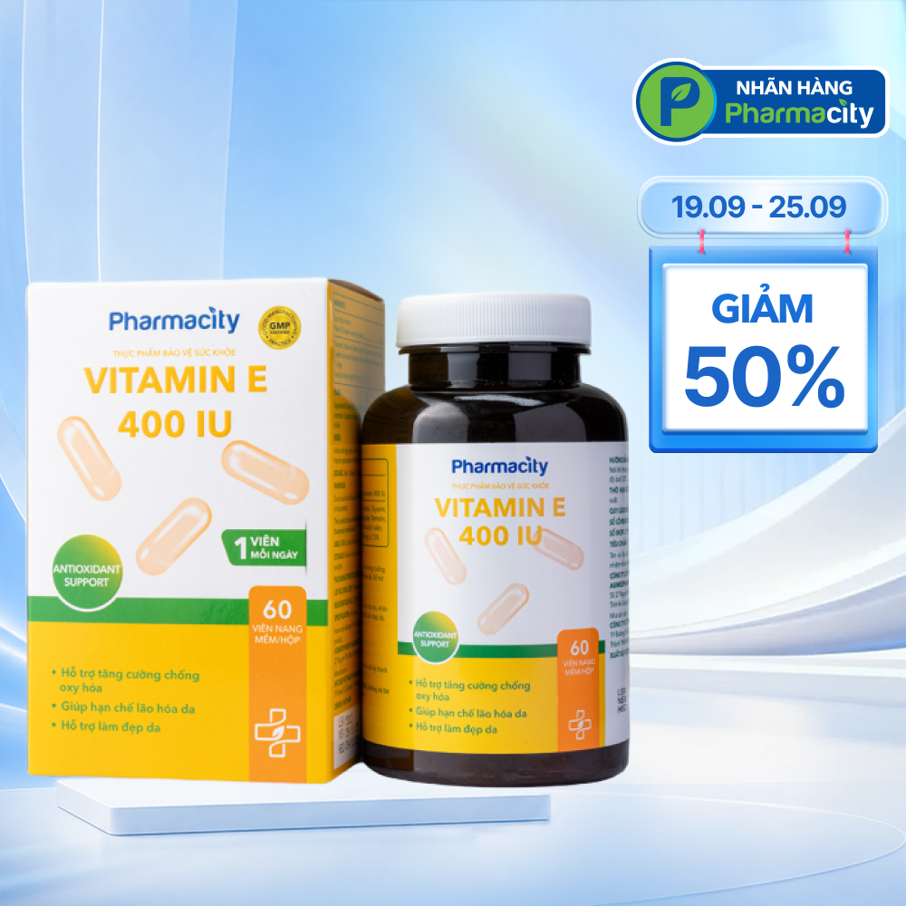 Viên uống Pharmacity Vitamin E 400IU (lọ 60 viên) làm đẹp da, chống oxy hóa