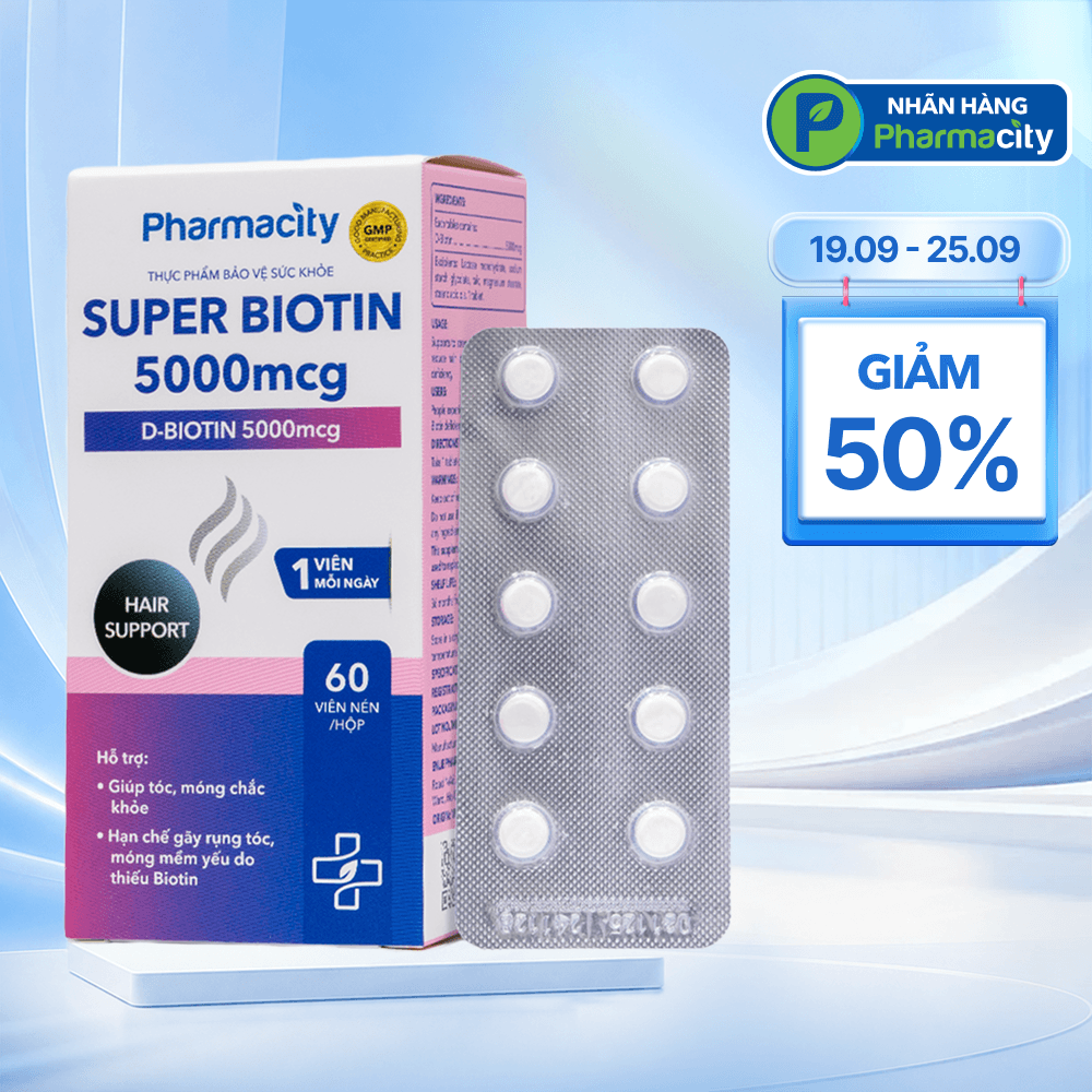 Viên uống Pharmacity Super Biotin 5000mcg hỗ trợ hạn chế gãy rụng tóc, móng mềm (60 viên nén)