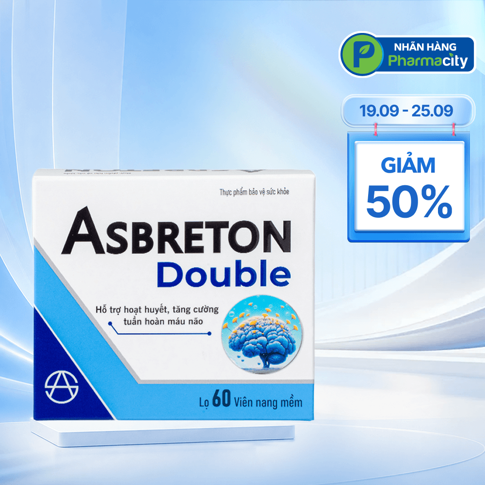 Thực phẩm bảo vệ sức khỏe Asbreton double hỗ trợ hoạt huyết, tăng cường tuần hoàn máu não (Hộp 60 viên)