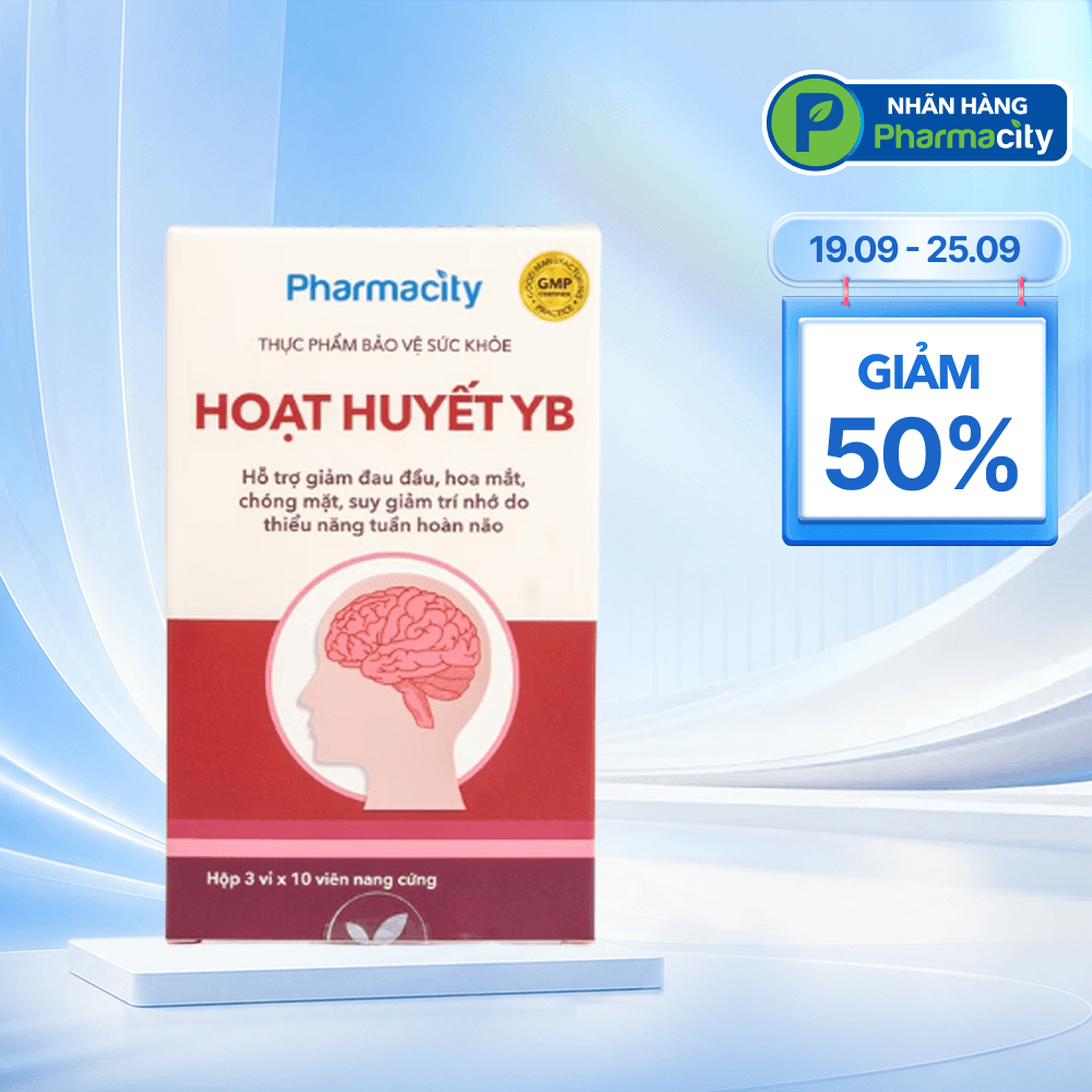 Viên uống Pharmacity Hoạt Huyết YB hỗ trợ giảm đau đầu do thiểu năng tuần hoàn não (Hộp 30 viên)