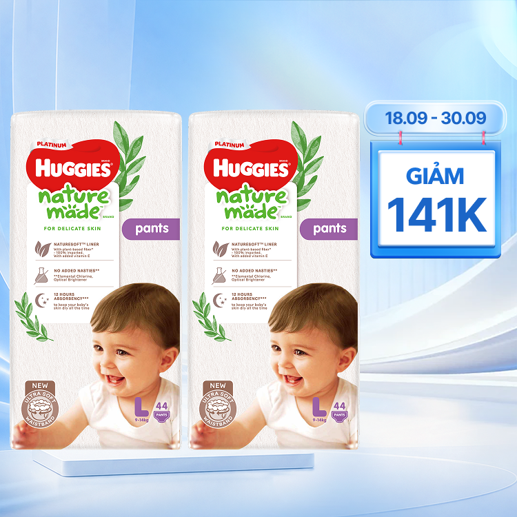Combo 2 Gói Huggies Nature Made Tã Quần Siêu Cao Cấp Size L 44 Miếng