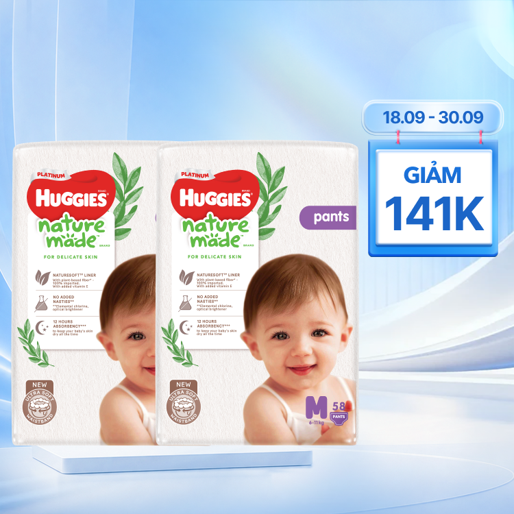 Combo 2 Gói Huggies Nature Made Tã Quần Siêu Cao Cấp Size M 58 Miếng