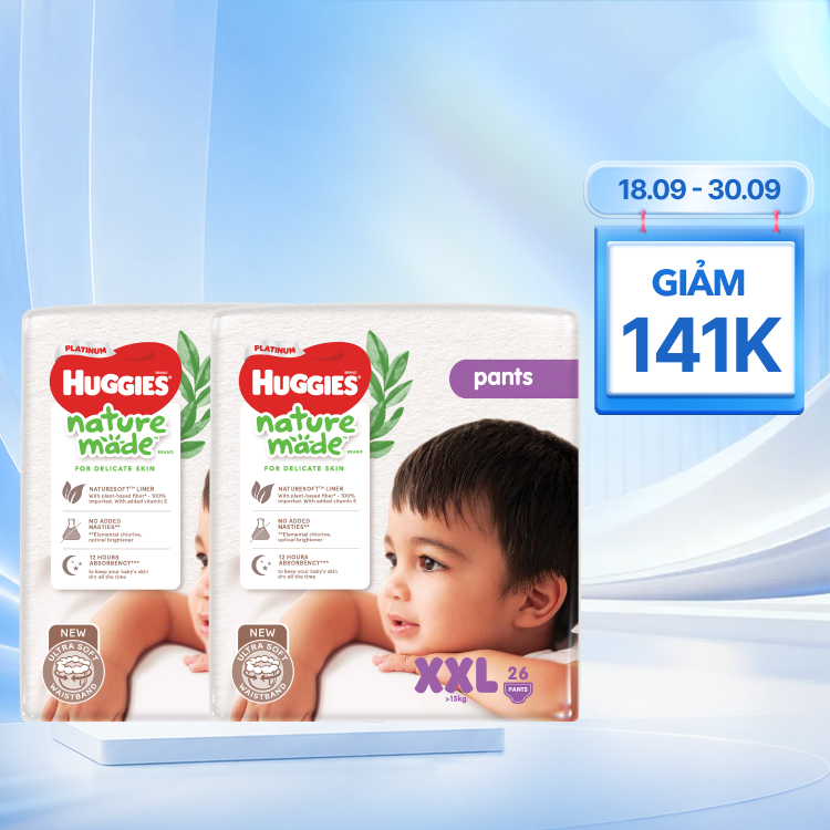 Combo 2 Gói Huggies Nature Made Tã Quần Siêu Cao Cấp Size XXL 26 Miếng