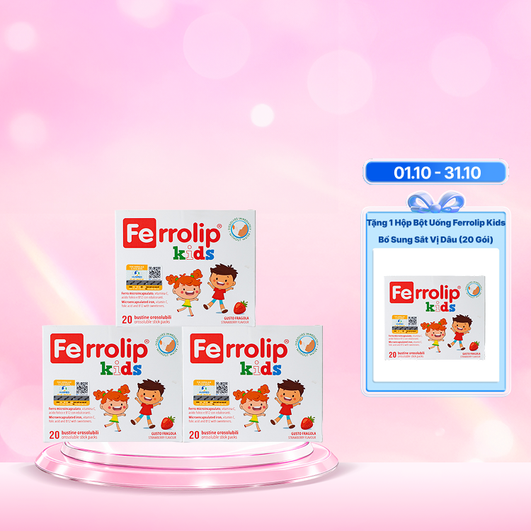 Combo 3 hộp bột uống Ferrolip Kids bổ sung sắt vị dâu (Hộp 20 gói)