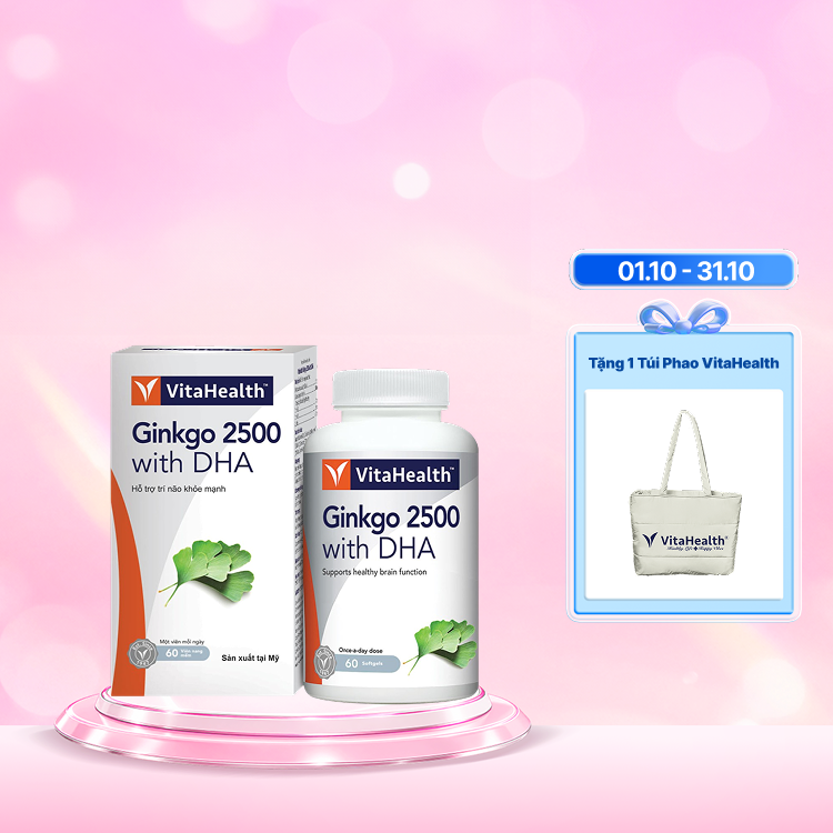 Thực phẩm bảo vệ sức khoẻ VitaHealth Ginkgo 2500 with DHA hỗ trợ tăng cường lưu thông máu não (Hộp 60 viên)