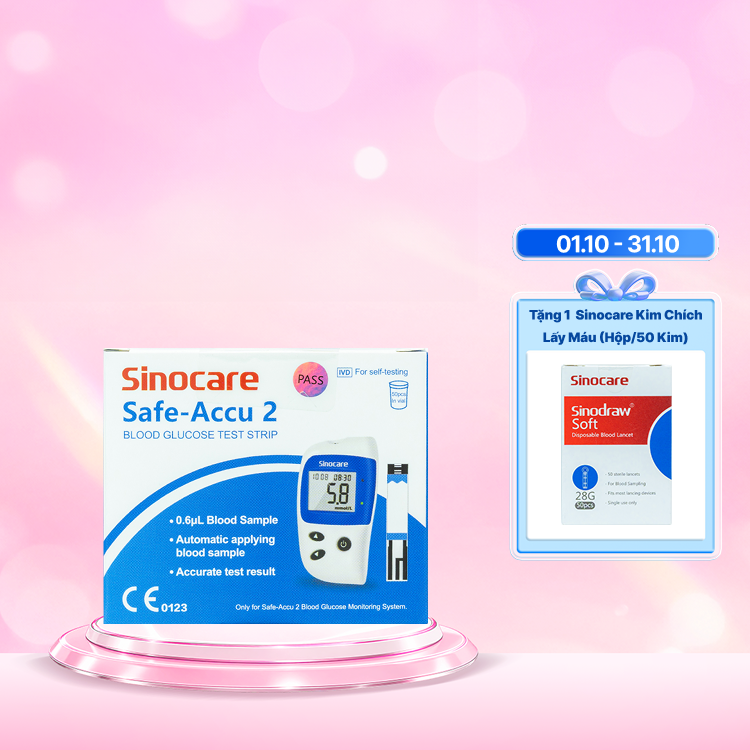 Sinocare Que Thử Đường Huyết Safe-Accu2 (Hộp 2 lọ x 25 Que)