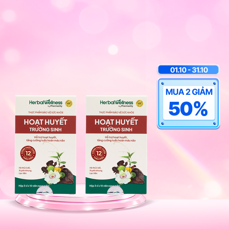 Combo 2 hộp Viên uống Herbal Wellness Hoạt Huyết Trường Sinh hỗ trợ hoạt huyết, tuần hoàn máu não (Hộp 30 viên)
