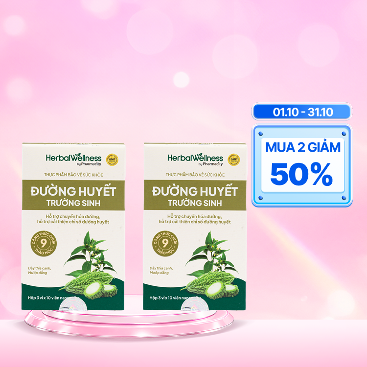 Combo 2 hộp Viên uống Herbal Wellness Đường Huyết Trường Sinh hỗ trợ chuyển hóa đường (Hộp 30 viên)