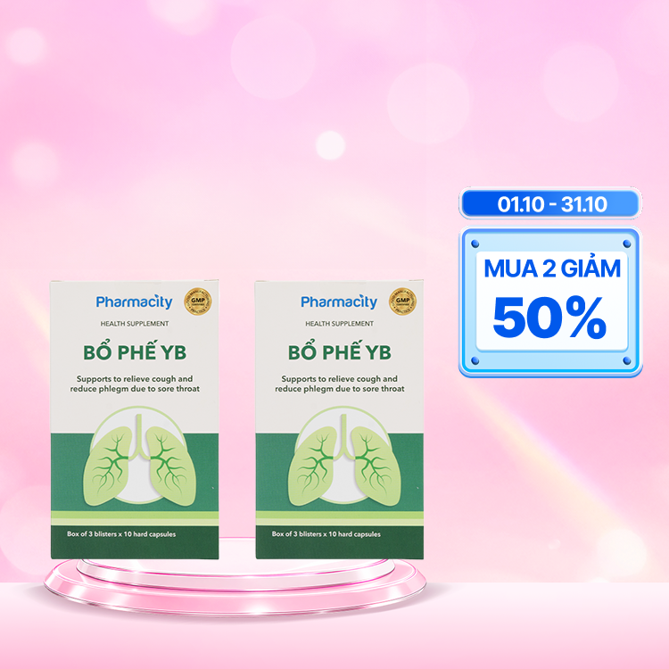 Combo 2 hộp Viên uống Pharmacity Bổ Phế YB hỗ trợ giảm ho, giảm đờm do viêm họng (Hộp 30 viên nang cứng)