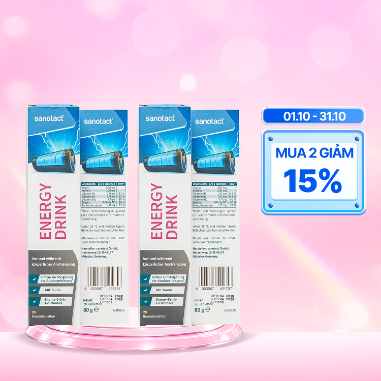 Combo 2 Sanotact Energy Drink bổ sung B6, B2, B12 tăng cường sức khỏe (Tuýp 20 viên)