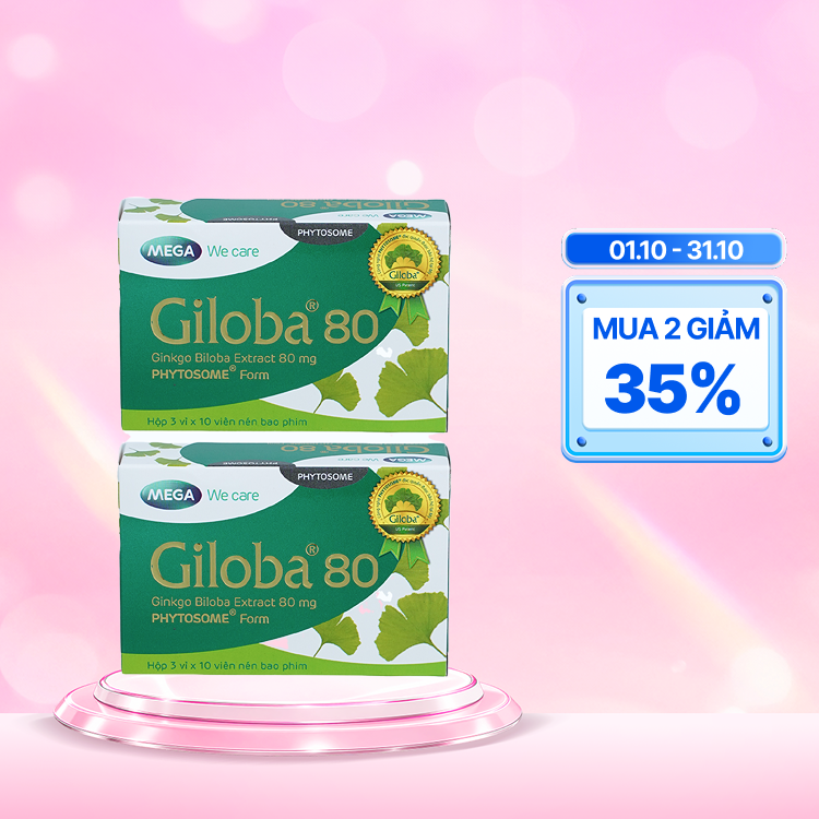 Combo 2 hộp Viên uống Giloba 80 hỗ trợ tăng cường tuần hoàn não (hộp 3 vỉ x 10 viên)