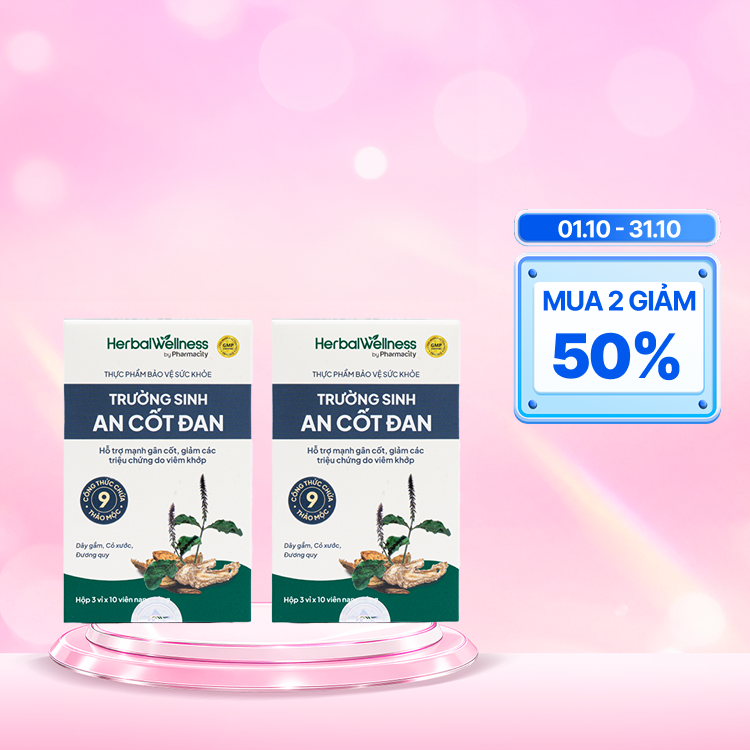 Combo 2 hộp Viên uống Herbal Wellness Trường Sinh An Cốt Đan hỗ trợ giảm triệu chứng do viêm khớp (Hộp 30 viên)