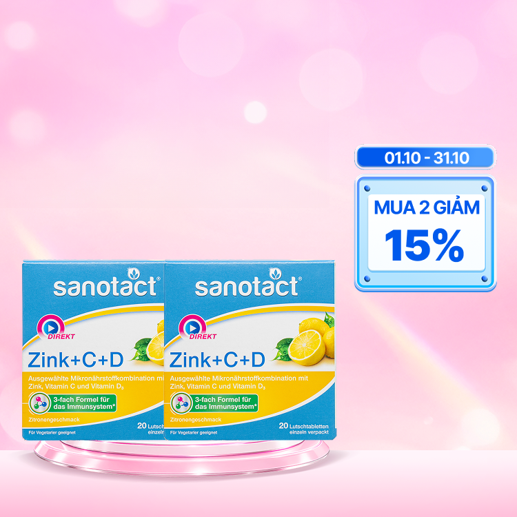 Combo 2 SANOTACT ZINK + C + D LUTSCHTABLETTEN Hỗ Trợ Tăng Sức Đề Kháng (Hộp 20 viên)