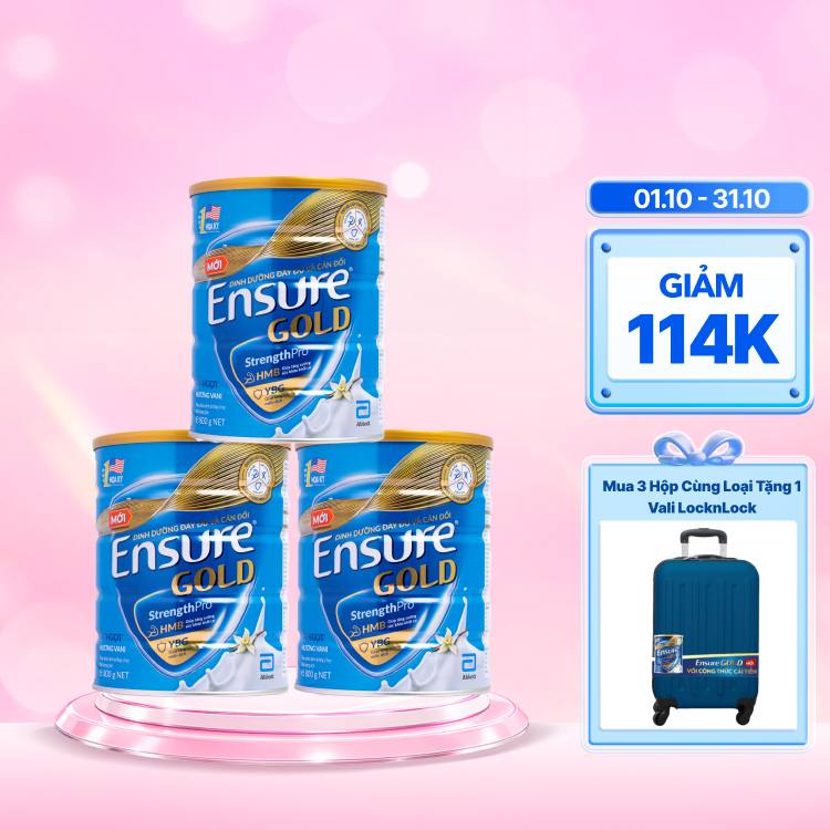 Combo 3 lon Sữa bột dinh dưỡng ENSURE GOLD tăng cường sức khỏe và hệ miễn dịch hương vani ít ngọt (800g)