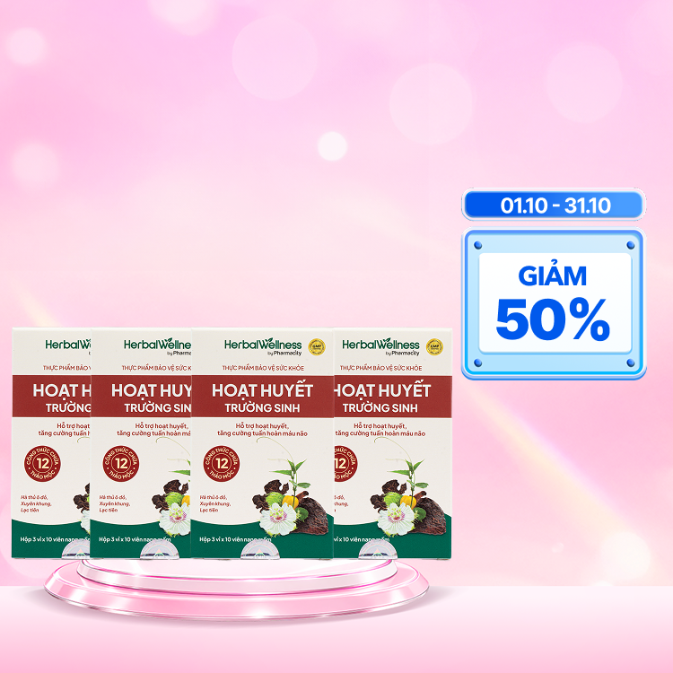 Combo 4 Hộp Viên uống Herbal Wellness Hoạt Huyết Trường Sinh hỗ trợ hoạt huyết, tuần hoàn máu não (Hộp 30 viên)
