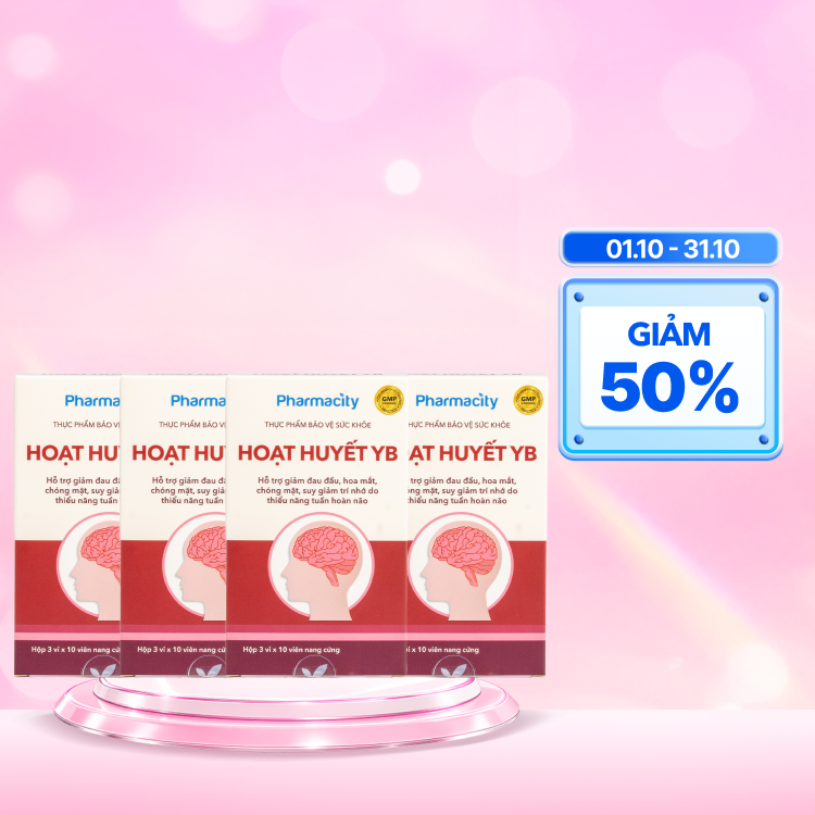 Combo 4 Hộp Viên uống Pharmacity Hoạt Huyết YB hỗ trợ giảm đau đầu do thiểu năng tuần hoàn não (Hộp 30 viên)
