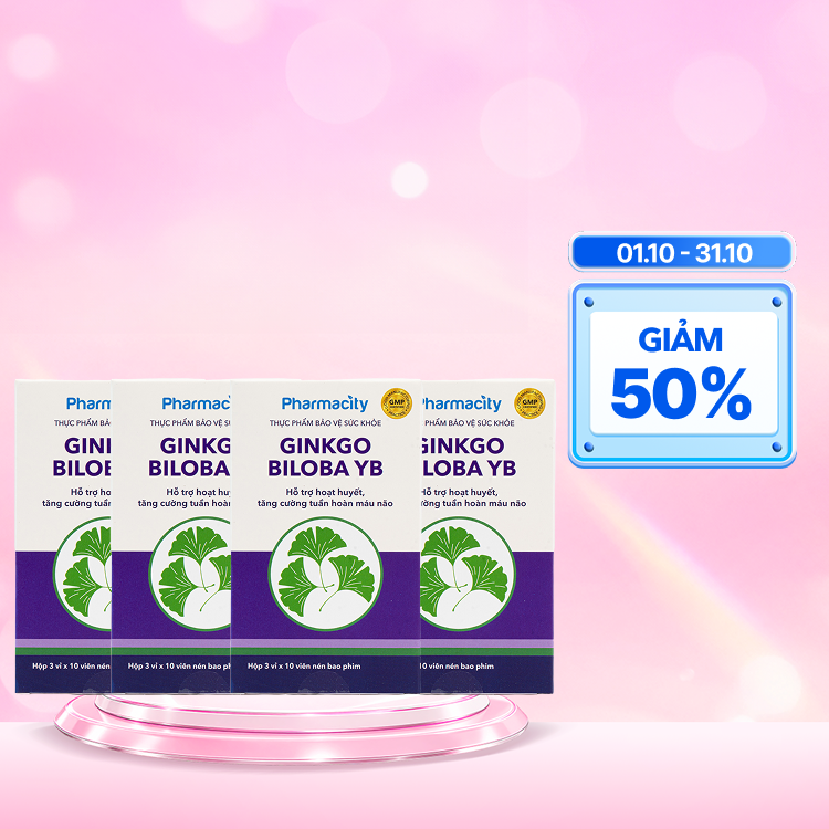 Combo 4 Hộp Viên uống Pharmacity Ginkgo Biloba YB hỗ trợ hoạt huyết, tăng cường tuần hoàn máu não (30 viên)