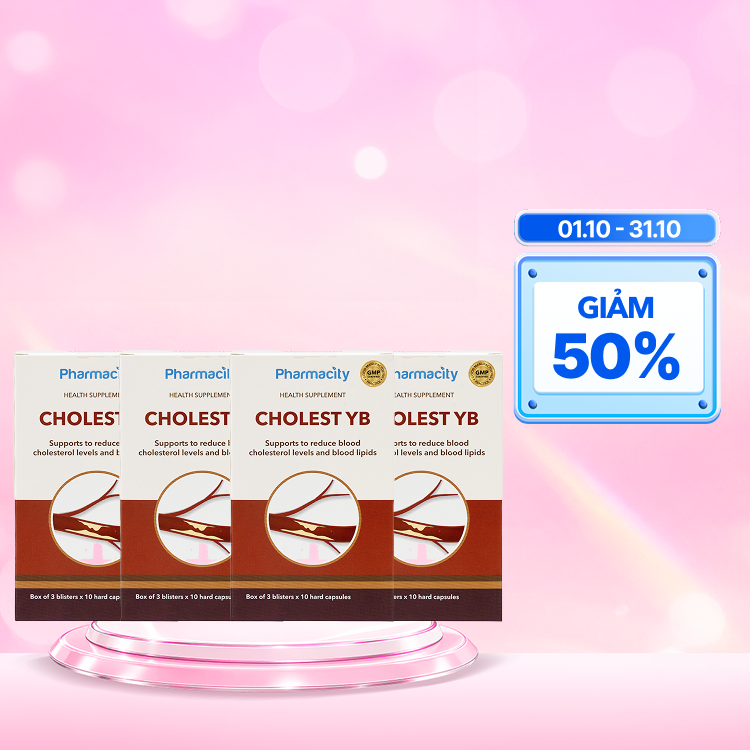 Combo 4 Hộp Viên uống Pharmacity Cholest YB hỗ trợ giảm cholesterol máu, giảm mỡ máu (30 viên nang cứng)