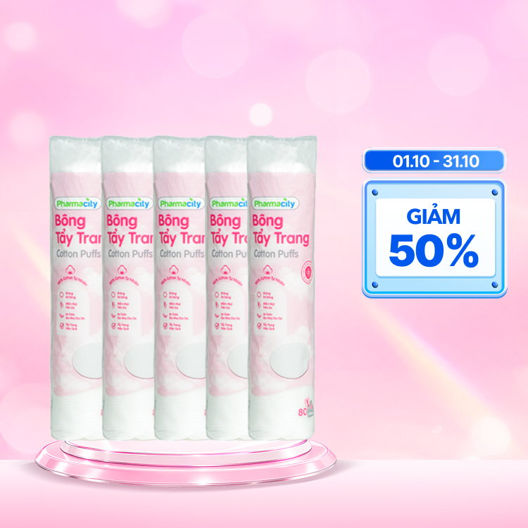 Combo 5 gói Bông tẩy trang tròn Pharmacity Cotton Puffs (Túi 90 miếng) - New