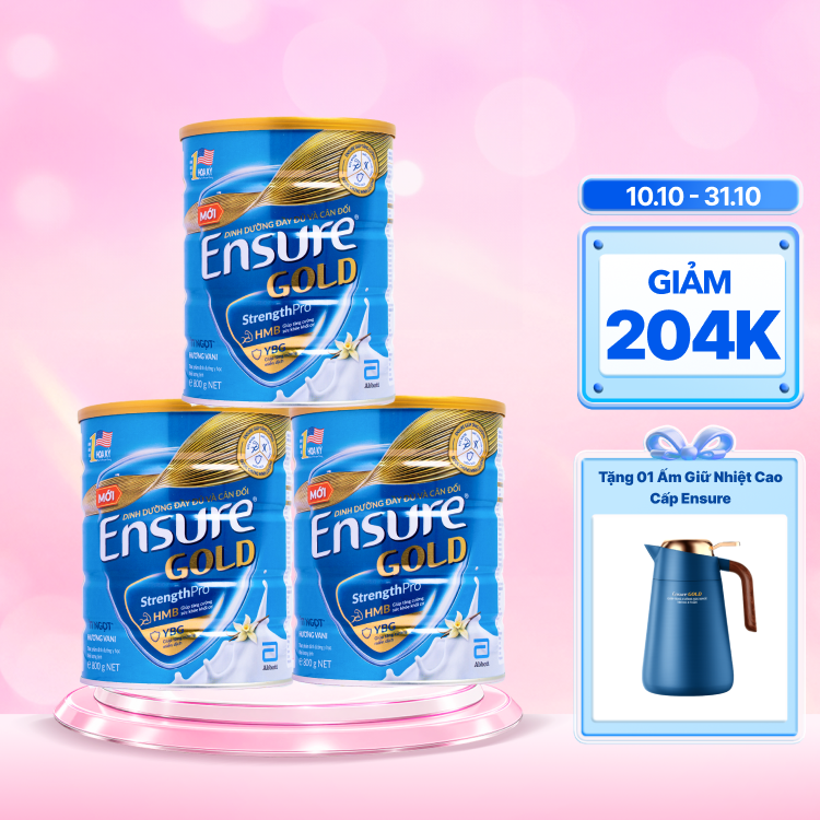 Combo 3 lon Sữa bột dinh dưỡng ENSURE GOLD tăng cường sức khỏe và hệ miễn dịch hương vani ít ngọt (800g)